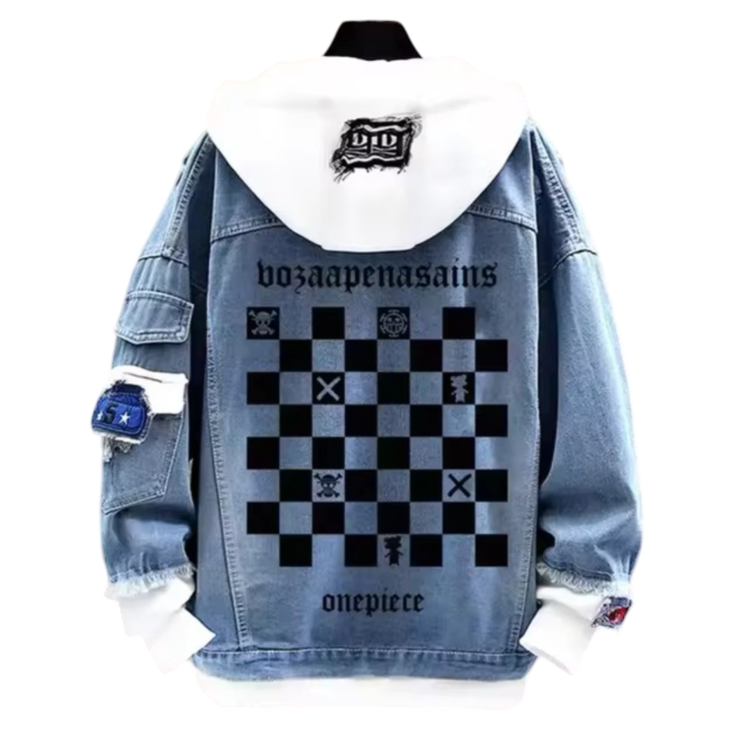 Anime One Piece Chess Board Printed Denim Jacket 