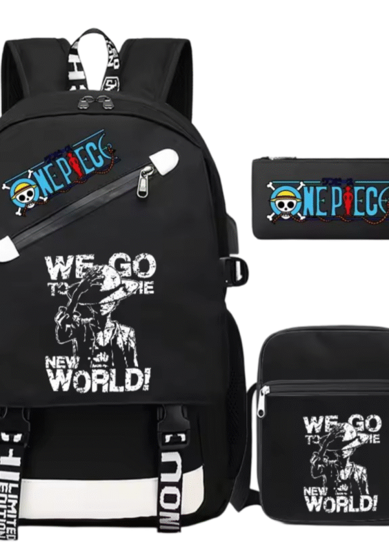 3Pcs/Set Anime One Piece Monkey D. Luffy Student Black Backpack