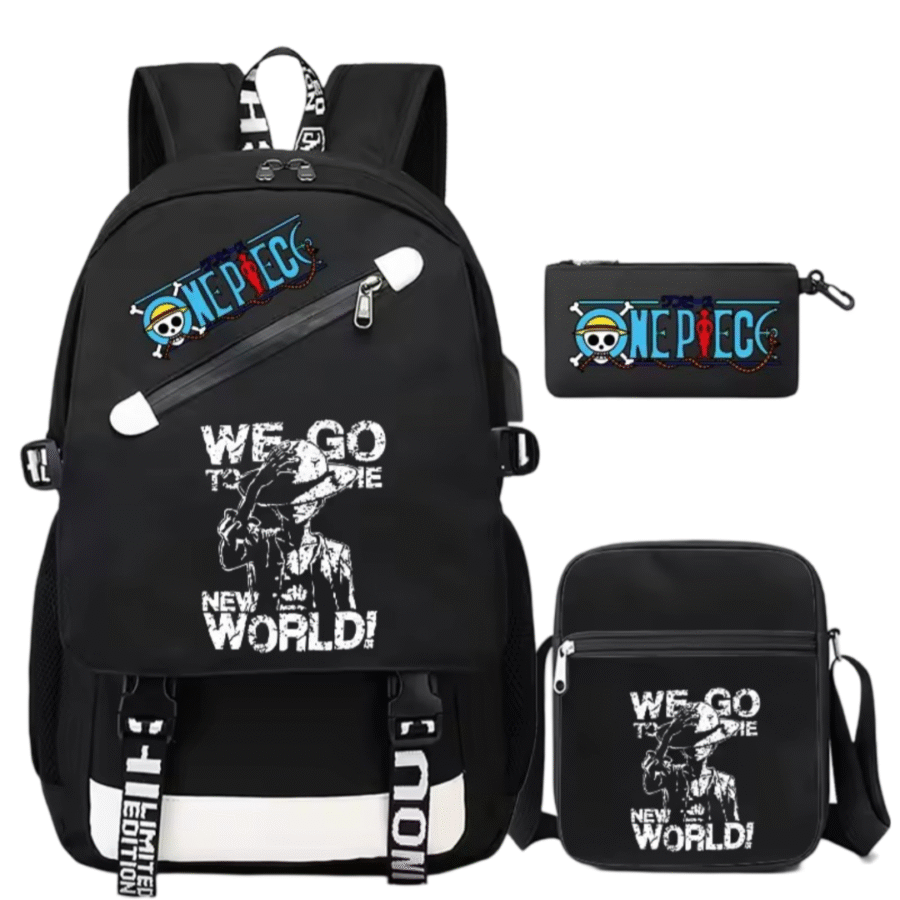 3Pcs/Set Anime One Piece Monkey D. Luffy Student Black Backpack 3Pcs/Set Anime One Piece Monkey D. Luffy Student Black Backpack
