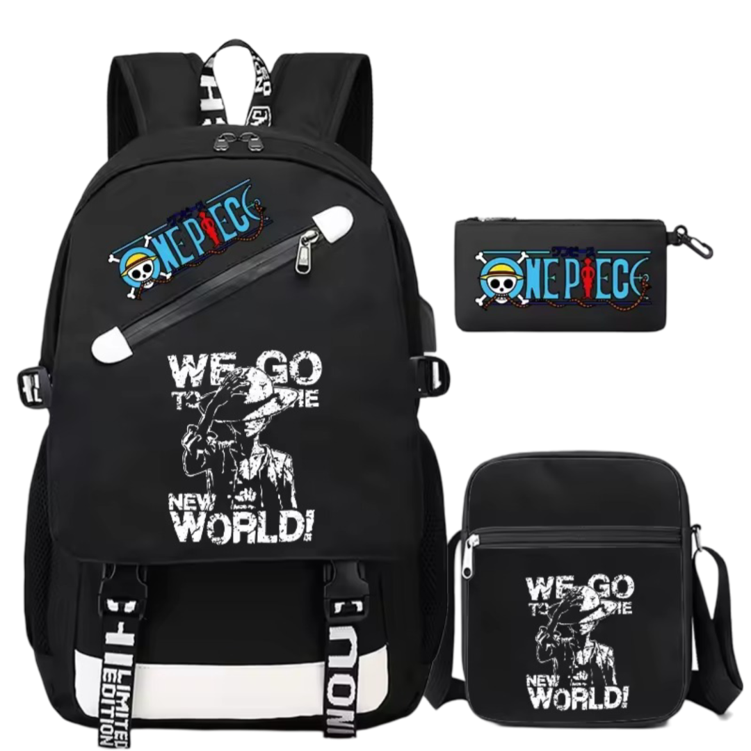 3Pcs/Set Anime One Piece Monkey D. Luffy Student Black Backpack 3Pcs/Set Anime One Piece Monkey D. Luffy Student Black Backpack
