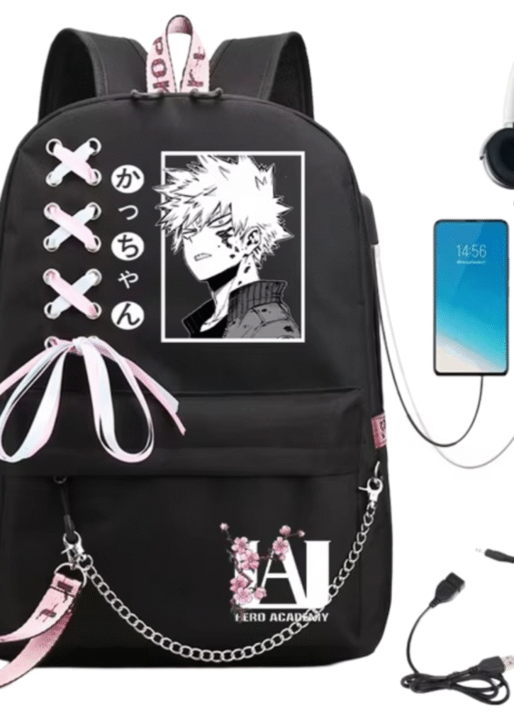 Anime My Hero Academia Katsuki Bakugo USB Port Black Backpack