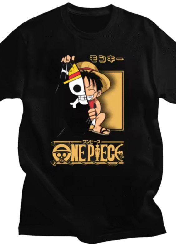 Anime One Piece Luffy With Flag Black T-Shirt