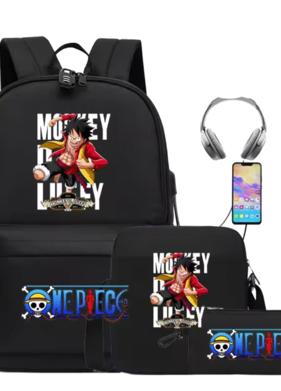 3Pcs/set Anime One Piece Monkey D. Luffy Black Recharged Backpack