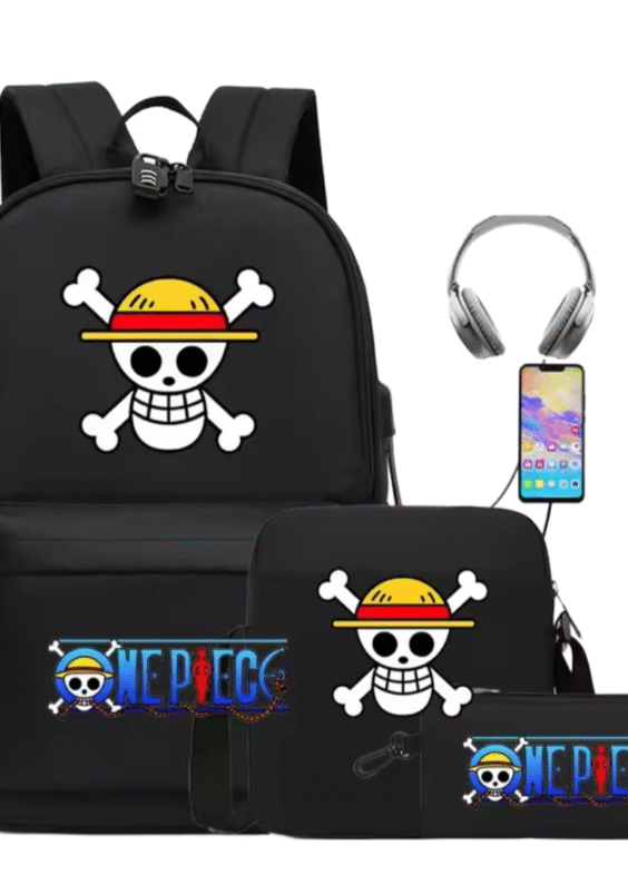 3Pcs/set Anime One Piece Straw Hat Pirates Symbol Black Recharged Backpack