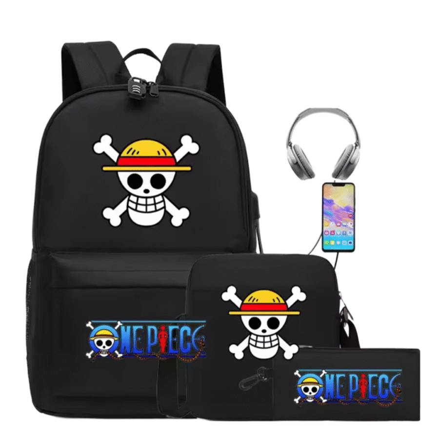 3Pcs/set Anime One Piece Straw Hat Pirates Symbol Black Recharged Backpack 3Pcs/set Anime One Piece Straw Hat Pirates Symbol Black Recharged Backpack