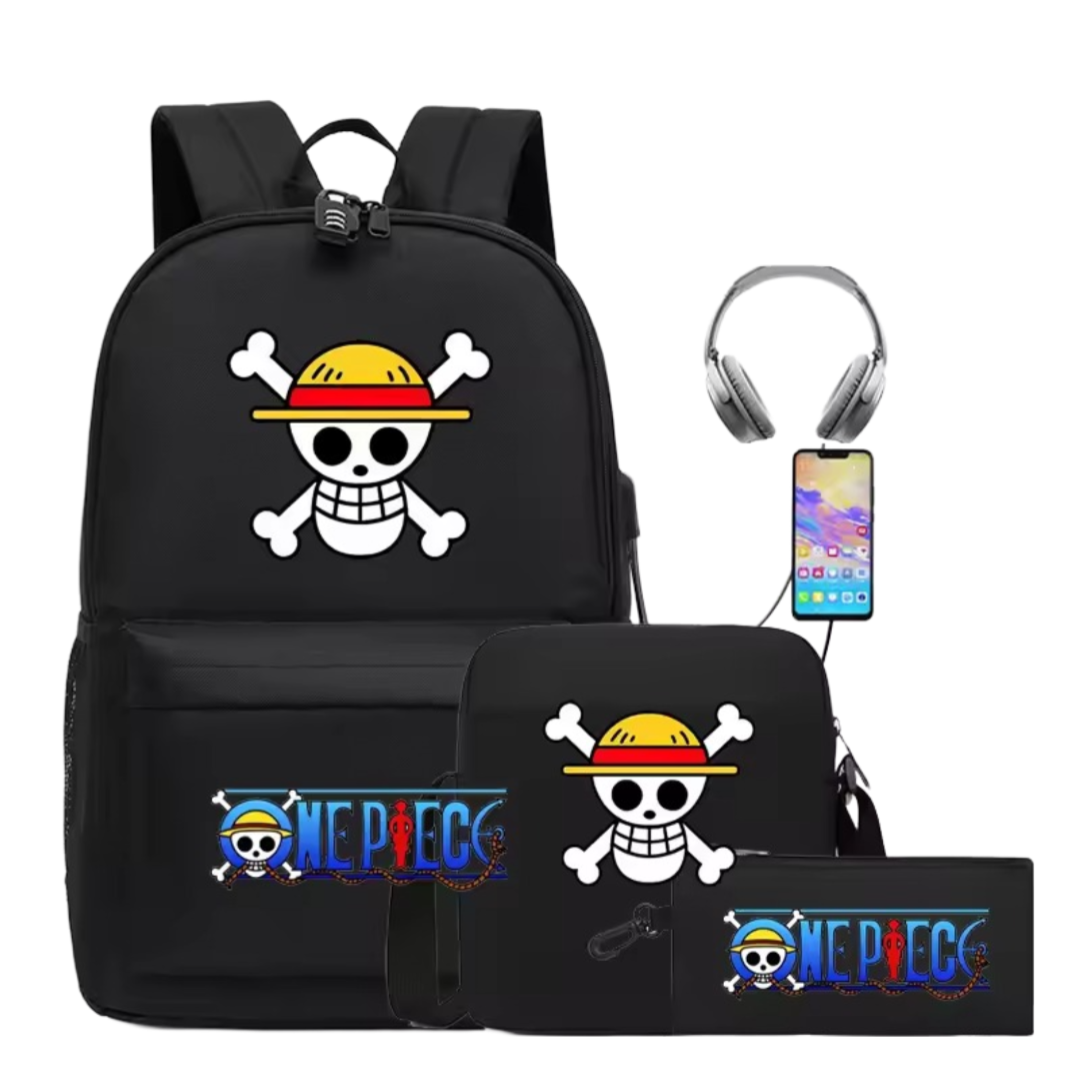 3Pcs/set Anime One Piece Straw Hat Pirates Symbol Black Recharged Backpack 3Pcs/set Anime One Piece Straw Hat Pirates Symbol Black Recharged Backpack