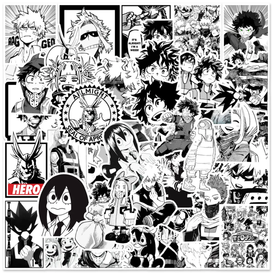 50Pcs Anime My Hero Academia Black And White Graffiti Waterproof Stickers