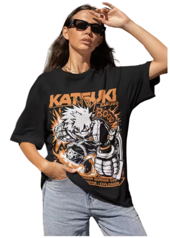 Anime My Hero Academia Katsuki Bakugo Printed Black T-Shirt