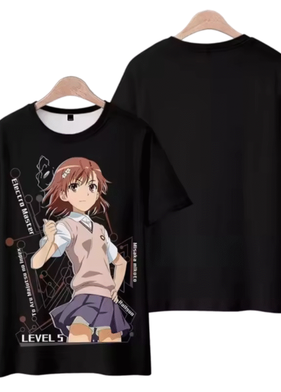 Anime A Certain Magical Index Misaka Mikoto Short Sleeve Black T-Shirt