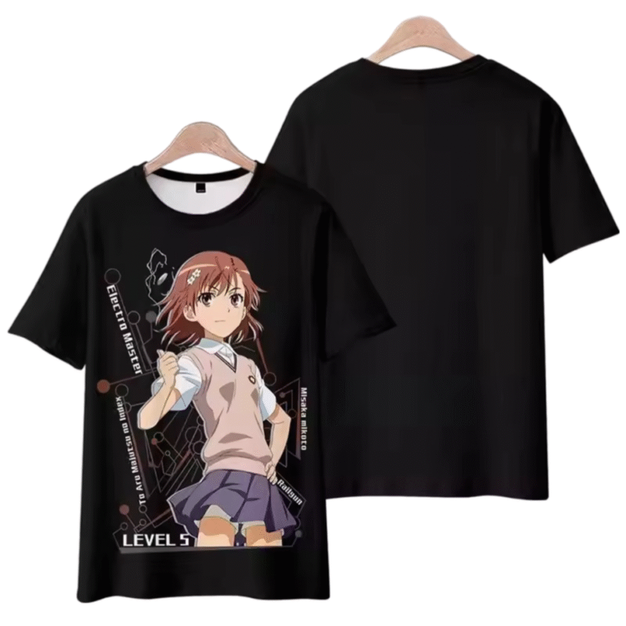 Anime A Certain Magical Index Misaka Mikoto Short Sleeve Black T-Shirt Anime A Certain Magical Index Misaka Mikoto Short Sleeve Black T-Shirt