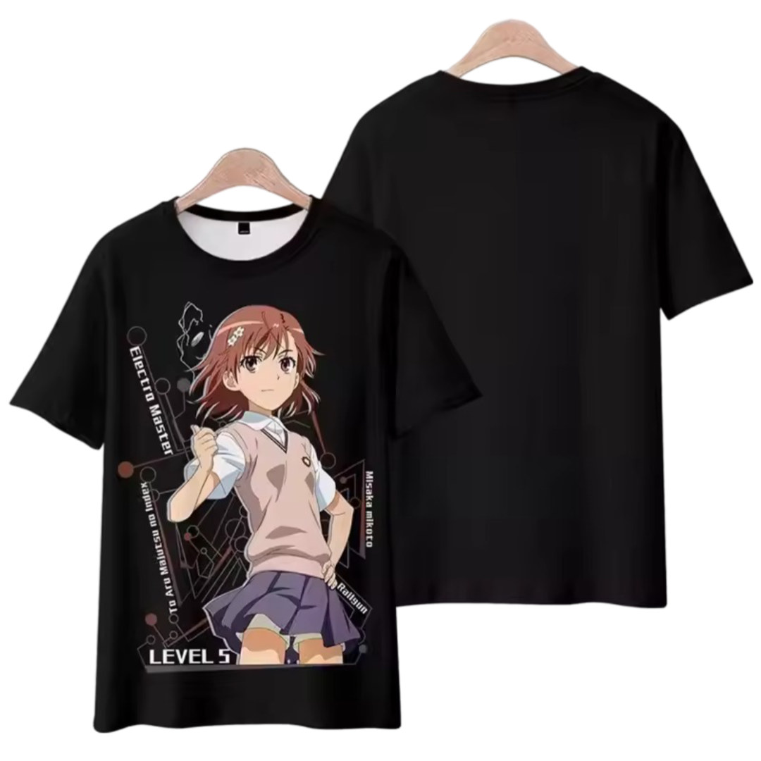 Anime A Certain Magical Index Misaka Mikoto Short Sleeve Black T-Shirt Anime A Certain Magical Index Misaka Mikoto Short Sleeve Black T-Shirt
