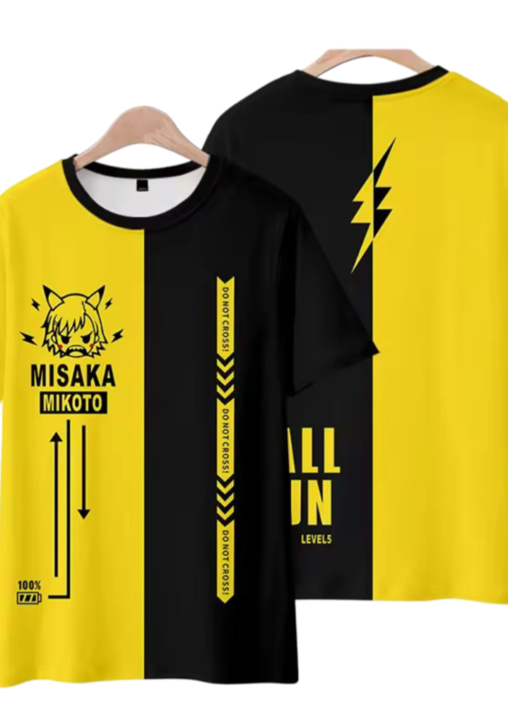 Anime A Certain Magical Index Misaka Mikoto Short Sleeve Yellow And Black T-Shirt