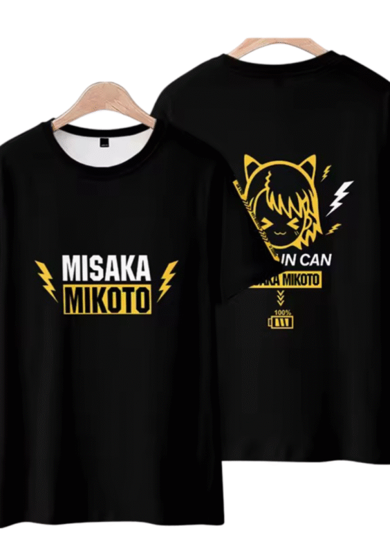 Anime A Certain Magical Index Misaka Mikoto Short Sleeve Casual Black T-Shirt