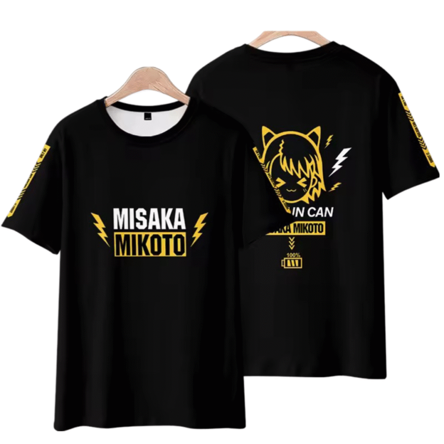 Anime A Certain Magical Index Misaka Mikoto Short Sleeve Casual Black T-Shirt Anime A Certain Magical Index Misaka Mikoto Short Sleeve Casual Black T-Shirt