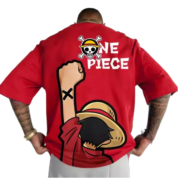 Anime One Piece Monkey D. Luffy Printed Red T-Shirt