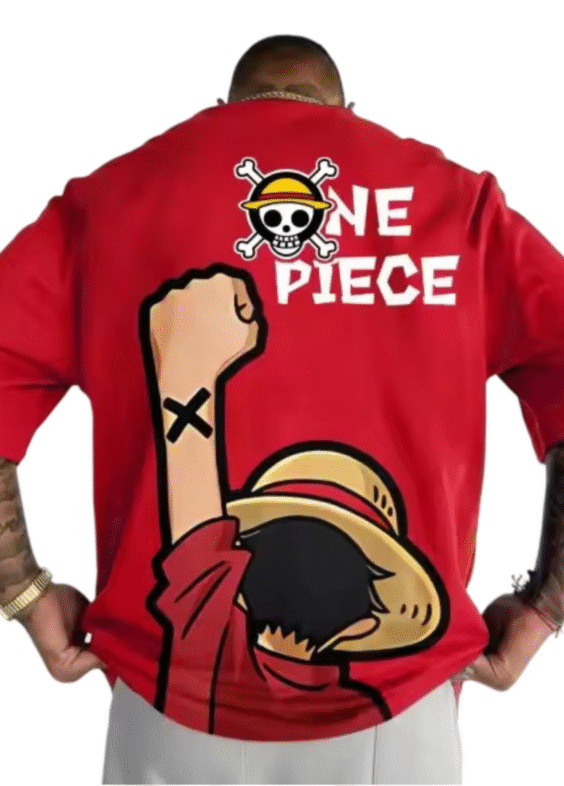 Anime One Piece Monkey D. Luffy Printed Red T-Shirt