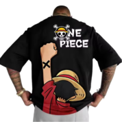 Anime One Piece Monkey D. Luffy Printed Black T-Shirt