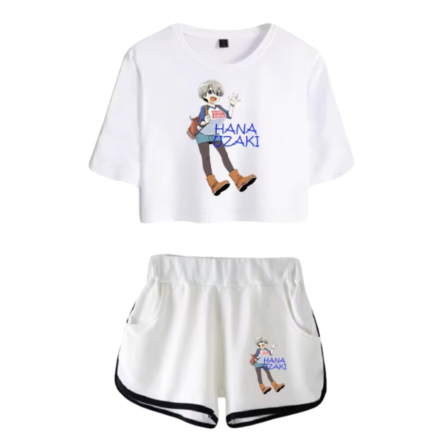 Uzaki-Chan Wants To Hang Out! Hana Uzaki Anime Printed White Top And Shorts Set Uzaki-Chan Wants To Hang Out! Hana Uzaki Anime Printed White Top And Shorts Set