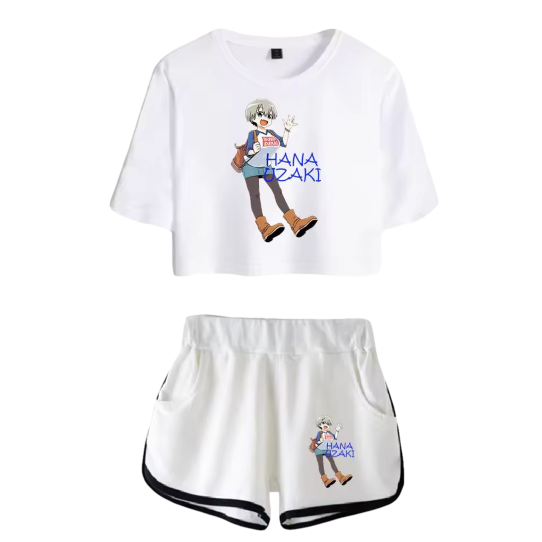 Uzaki-Chan Wants To Hang Out! Hana Uzaki Anime Printed White Top And Shorts Set Uzaki-Chan Wants To Hang Out! Hana Uzaki Anime Printed White Top And Shorts Set