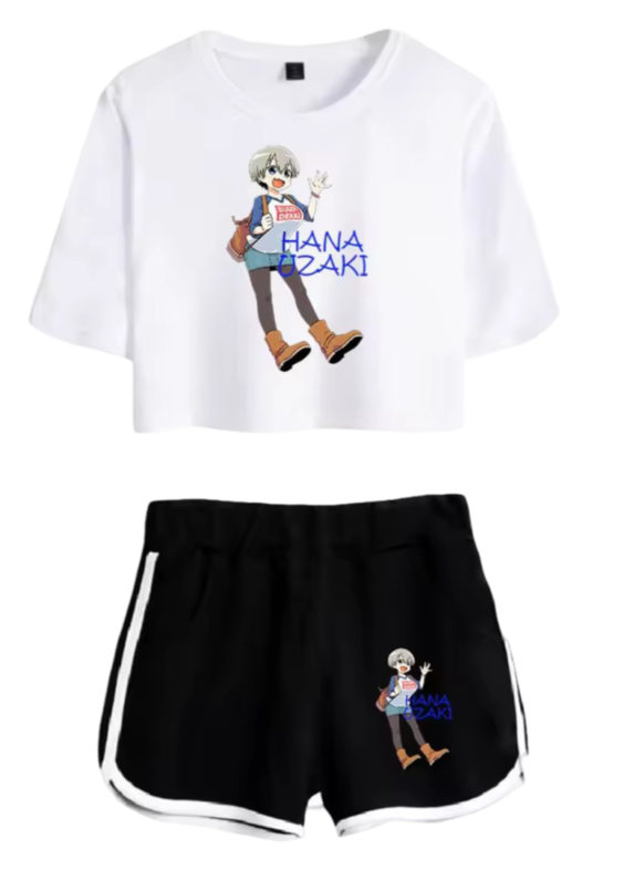 Anime Uzaki-Chan Wants To Hang Out! Hana Uzaki Printed White Top And Black Shorts Set
