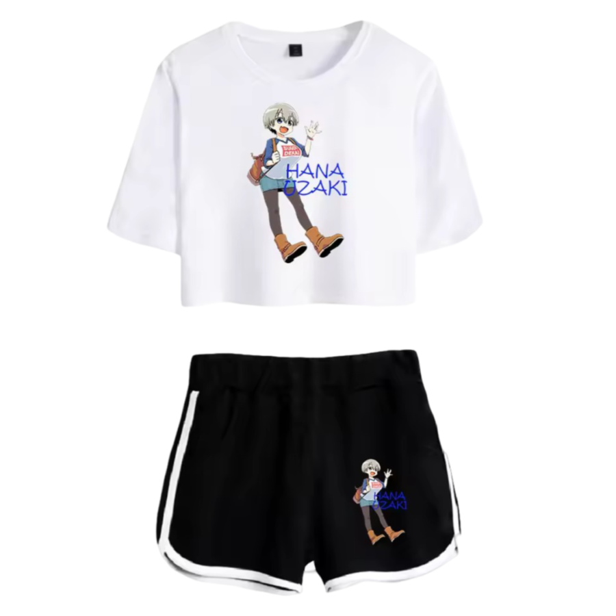 Anime Uzaki-Chan Wants To Hang Out! Hana Uzaki Printed White Top And Black Shorts Set