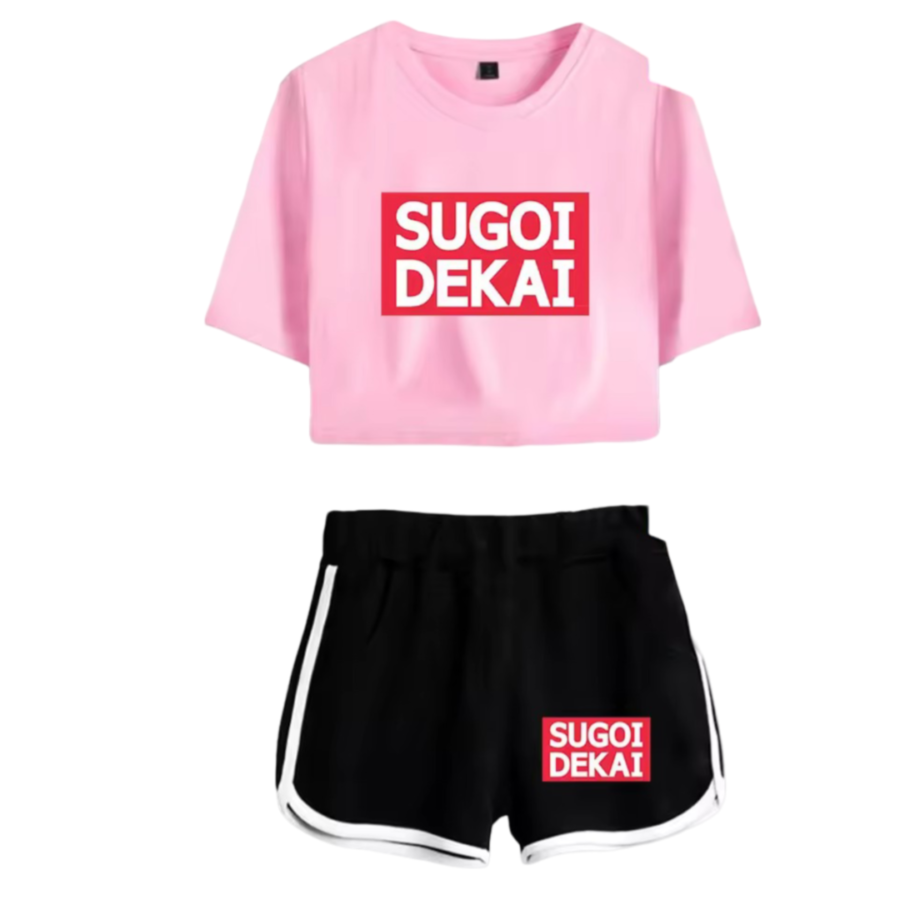 Anime Uzaki-Chan Wants To Hang Out! Sugoi Dekai Printed Pink Top And Black Shorts Set