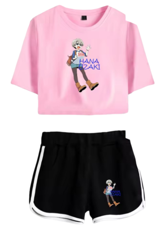 Anime Uzaki-Chan Wants To Hang Out! Hana Uzaki Printed Pink Top And Black Shorts Set