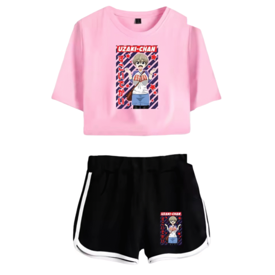 Uzaki-Chan Wants To Hang Out! Hana Uzaki Anime Printed Pink Top And Black Shorts Set Uzaki-Chan Wants To Hang Out! Hana Uzaki Anime Printed Pink Top And Black Shorts Set