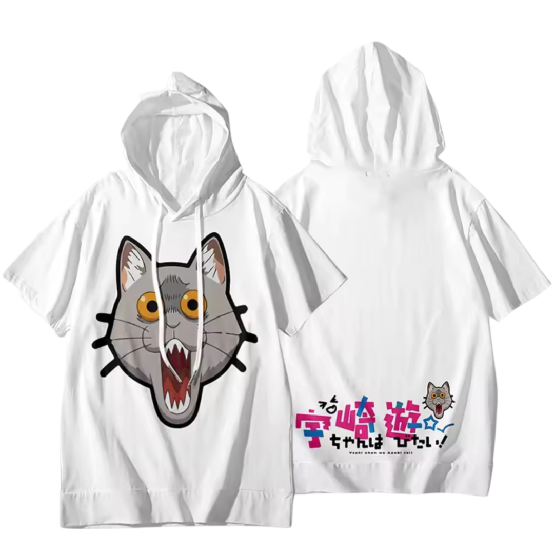 Anime Uzaki-Chan Wants To Hang Out! Kuso Cat Short Sleeve White Hoodie