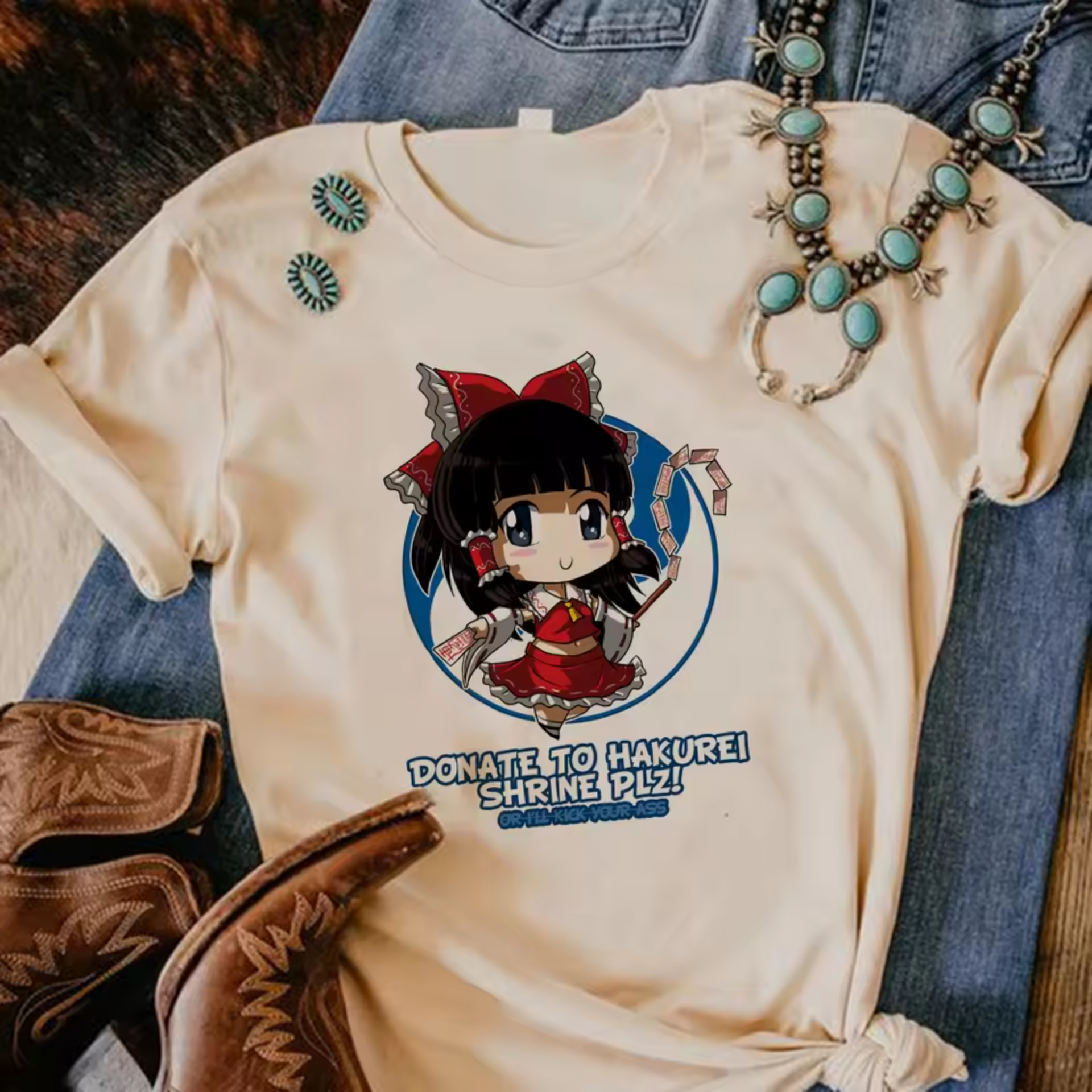 Anime Touhou Project Reimu Hakurei Print Cotton T-Shirt Anime Touhou Project Reimu Hakurei Print Cotton T-Shirt
