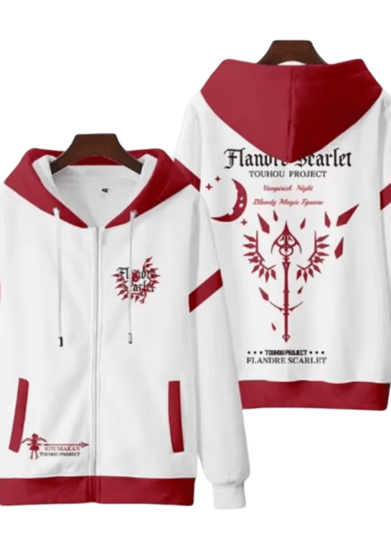 Anime Touhou Project Flandre Scarlet White And Red Zipper Hoodie