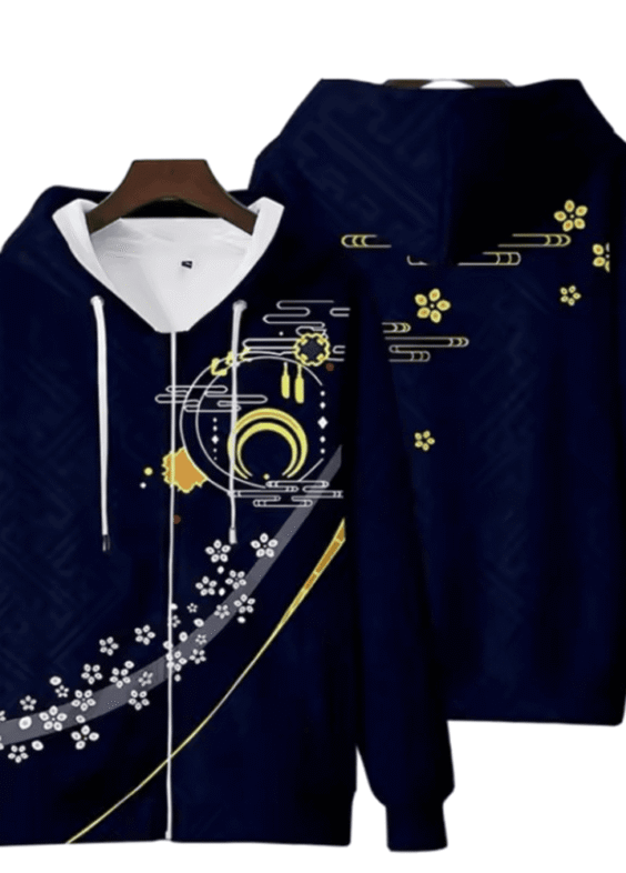 Anime Touken Ranbu Mikazuki Munechika 3D Printed Navy Blue Zipper Hoodie