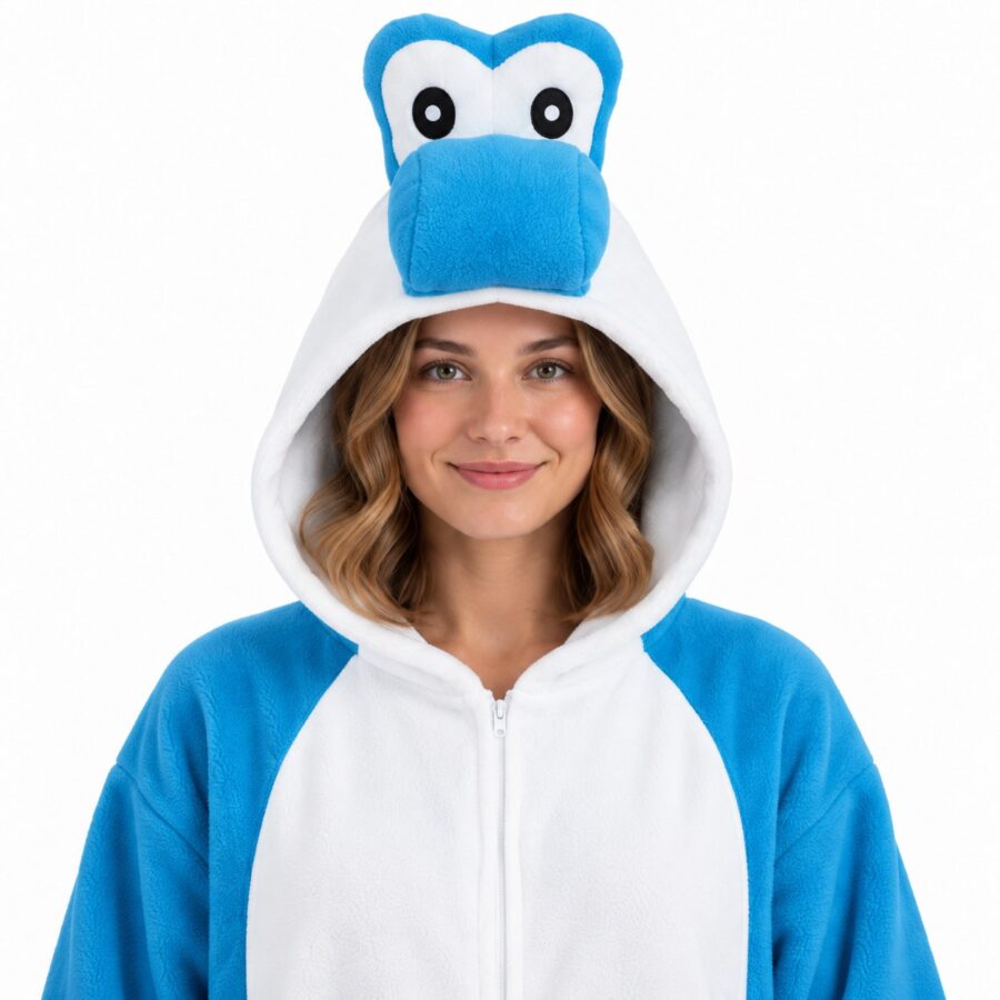 Dinosaur Kigurumi Onesie Blue Hood Closeup Dinosaur Kigurumi Onesie Blue Hood Closeup