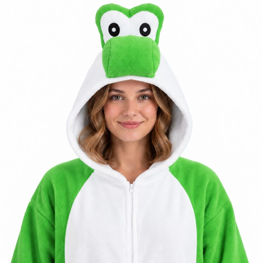 Dinosaur Kigurumi Onesie Green Hood Closeup Dinosaur Kigurumi Onesie Green Hood Closeup